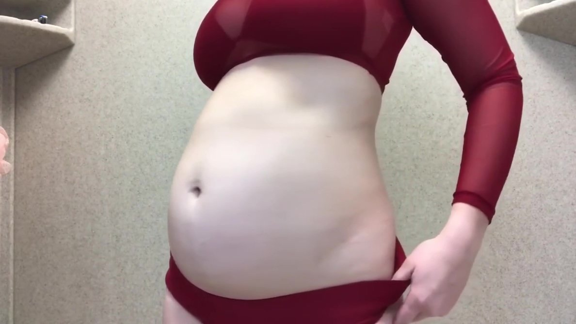 Belly Inflation In Dark Red Bikini